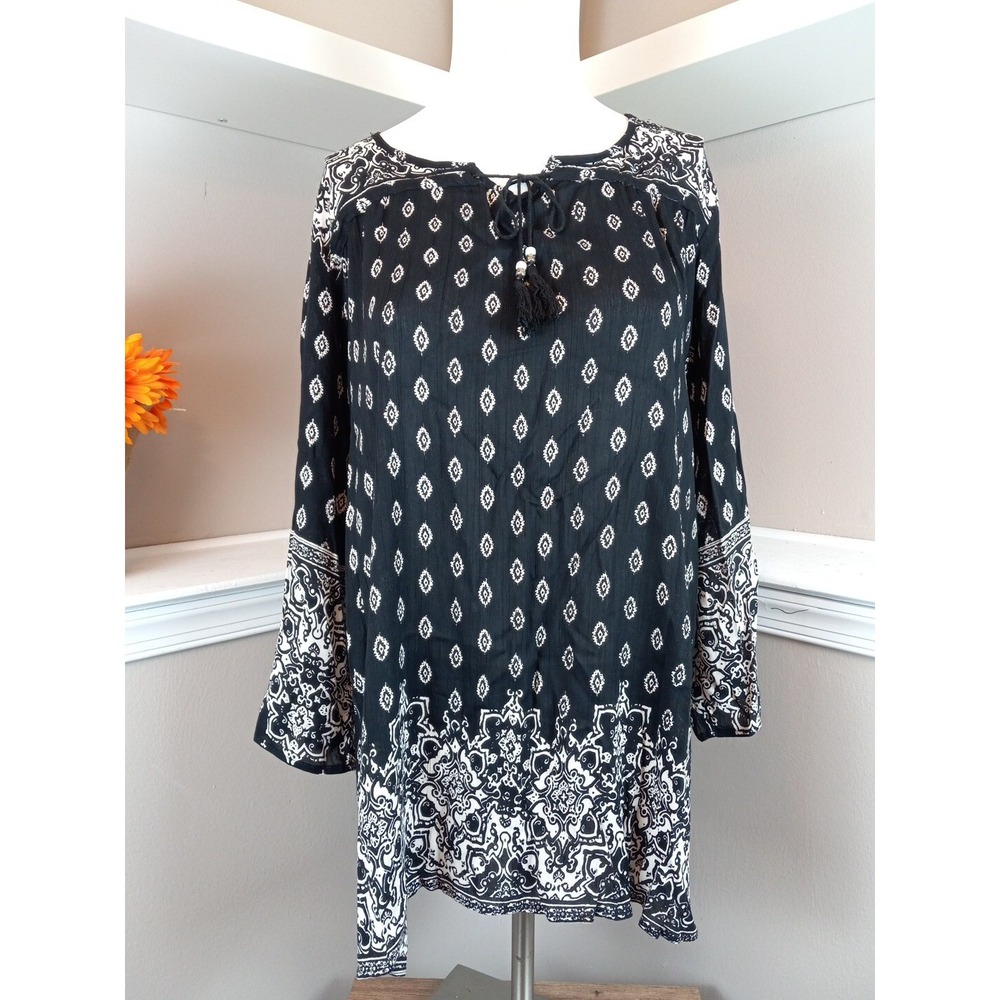 Angie Womens Black/white Paisley 3/4 Sleeve‎ Tunic Size Medium